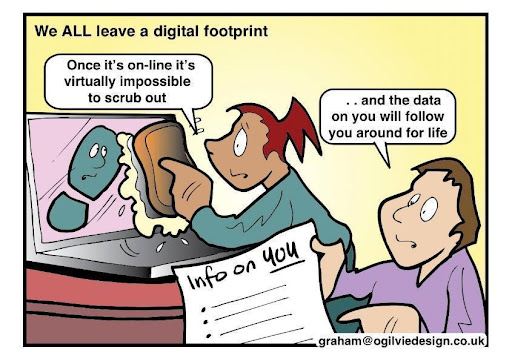 Cartoon: trying to erase the digital footprint with a sponge